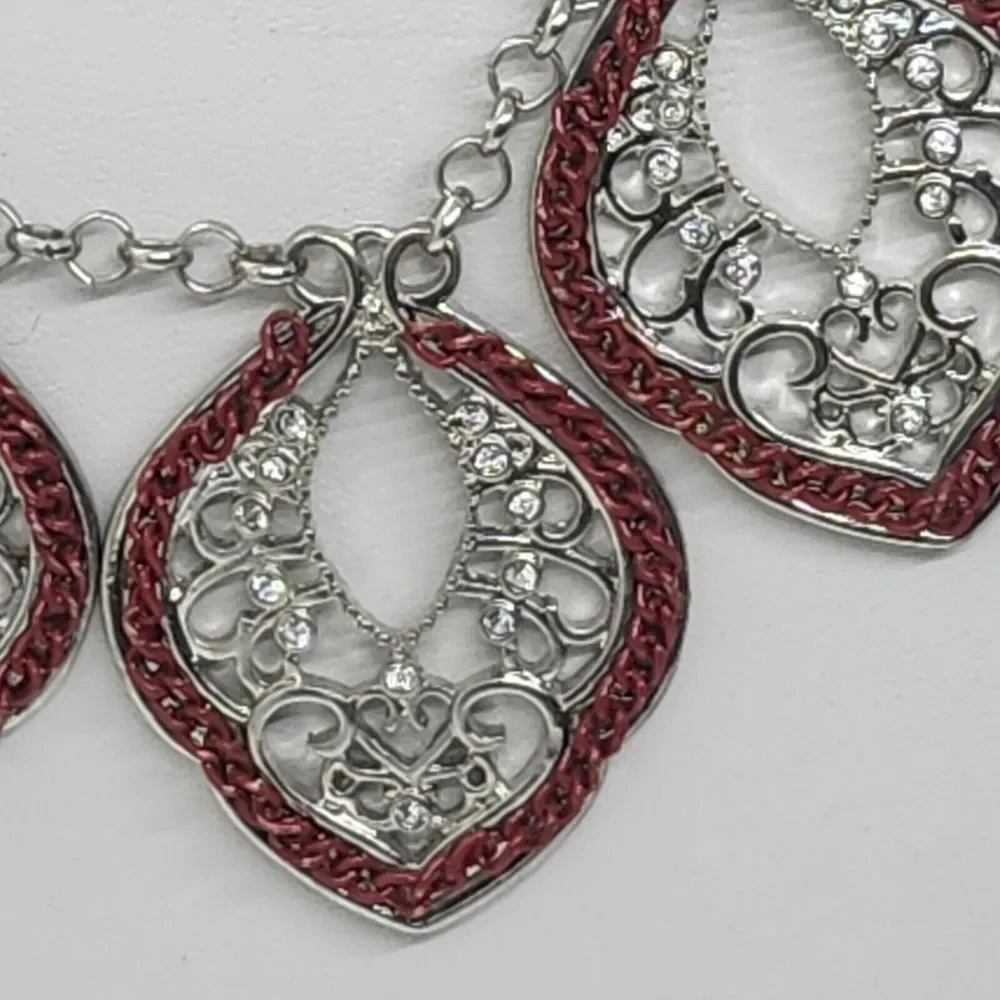 Silver Tone And Red Open Work Filigree Style‎ Necklace